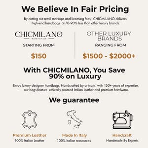 May include: A graphic comparing the price of luxury handbags from CHICMILANO, a brand that makes handbags in Italy, to other luxury brands. The graphic states that CHICMILANO handbags start at $150, while other luxury brands range from $1500 to $2000. The graphic also states that CHICMILANO handbags are made with 100% Italian leather and are handcrafted by artisans with over 150 years of expertise.