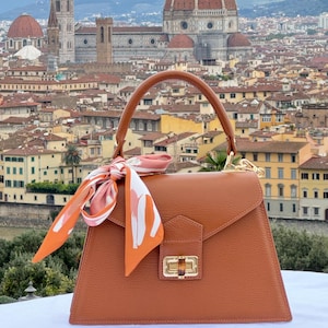 Italian Handmade Leather Bag for Women | Elegant Caramel Leather Tote from Florence | Made in Italy | Top Handle Bag