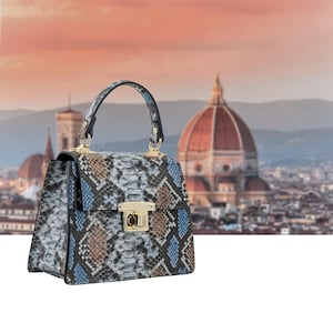 May include: A snakeskin-patterned handbag with a top handle and a gold-colored clasp. The bag features shades of blue, brown, and gray. The background shows a blurred cityscape with a large domed building.