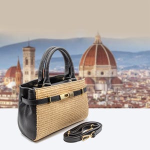Italian Handmade Leather Bag for Women | Elegant Black Leather & Raffia Tote From Florence | Summer Purse, Made in Italy