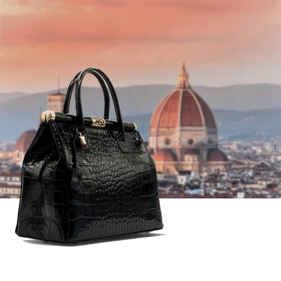 Italian Handmade Leather Bag for Women | Elegant Black Croc  display picture 1