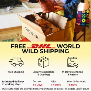 May include: A brown leather bag is being removed from a cardboard box. The box has the text "CHICMILANO" printed on it. The image also includes the text "FREE DHL WORLD WILD SHIPPING".