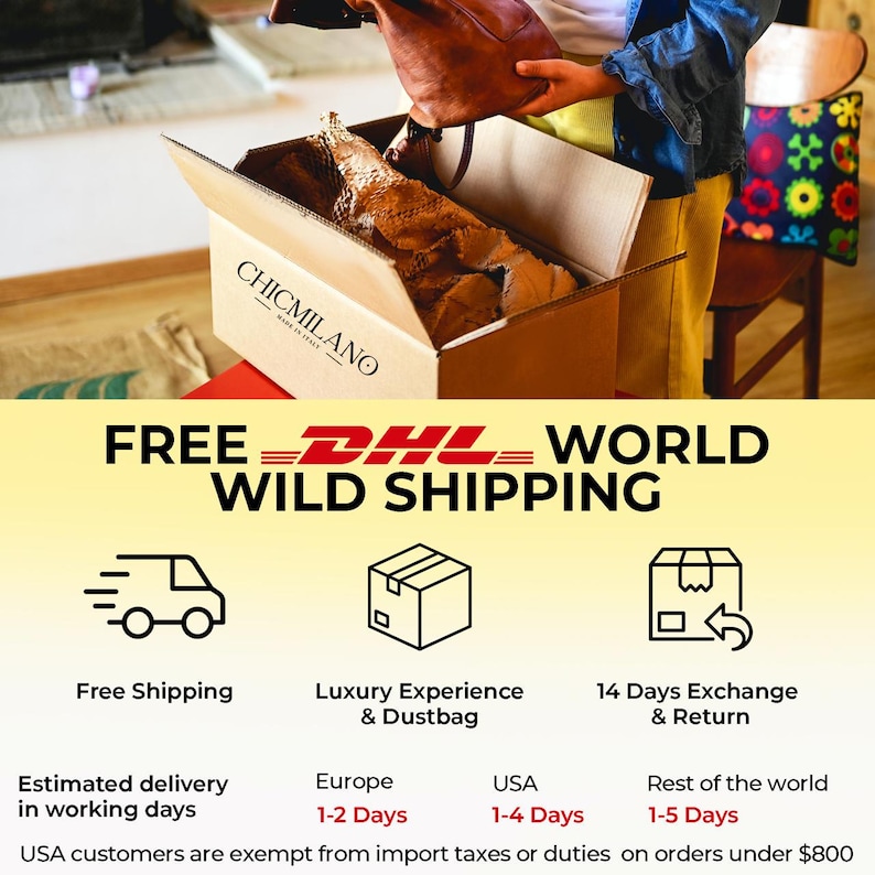 May include: A brown leather bag is being removed from a cardboard box. The box has the text "CHICMILANO" printed on it. The image also includes the text "FREE DHL WORLD WILD SHIPPING".