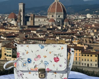 Italian Handmade Leather Bag For Women | Elegant Floral Crossbody From Florence, White Bag, Made in Italy
