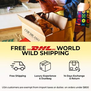 May include: A brown cardboard box with the text "CHICMILANO" printed on the side. The box is open and a brown leather handbag is being placed inside. The text "FREE DHL WORLD WILD SHIPPING" is printed in white on a yellow background. Below the text are three icons representing free shipping, a luxury experience with a dustbag, and a 14-day exchange and return policy.