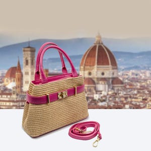 Italienische handgefertigte Ledertasche für Damen | Elegante Raffia-Tasche aus Florenz, Fuchsia-Pink-Tasche, Made in Italy