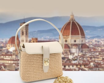 Bolsa feminina italiana feita à mão em couro | Elegante bolsa transversal de Florença | Ráfia trançada e couro bege, fabricada na Itália