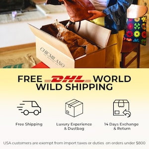 May include: A brown cardboard box with the text "CHICMILANO" printed on the side. The box is open and a brown leather handbag is being placed inside. The text "FREE DHL WORLD WILD SHIPPING" is printed in white on a yellow background. Below the text are three icons representing free shipping, a luxury experience with a dustbag, and a 14-day exchange and return policy.