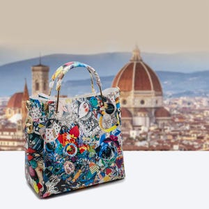 Italian Handmade Leather Bag for Women | Artistic Pop Art Tote From Florence | Unique Colorful Bag Made in Italy
