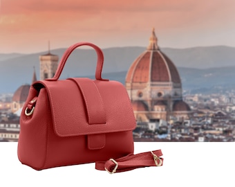 Italienische handgefertigte Ledertasche für Damen | Elegante rote Tote Bag aus Florenz, hergestellt in Italien | Henkeltasche aus genarbtem Leder