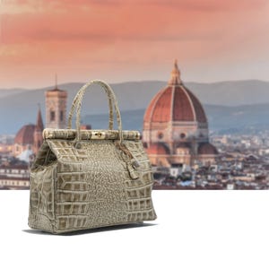 Italian Handmade Leather Bag for Women | Elegant Croc-Embossed Taupe Tote From Florence, Made in Italy | Luxury Top Handle Purse