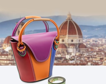 Italian Handmade Leather Bags For Women | Unique Colorful Bucket Bag From Florence | Multicolor Purse Made in Italy