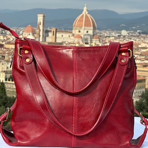Italienische handgefertigte Ledertasche für Damen | Elegante rote Leder-Einkaufstasche | Aus Florenz, hergestellt in Italien