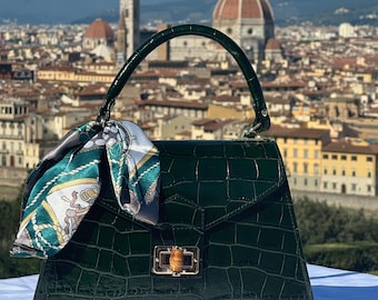 Italian Handmade Leather Bag For Women | Elegant Green Croc-Embossed Handbag | Gold Clasp and Scarf Detail | Made in Italy
