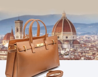 Italiensk handgjord tygväska i läder | Brun handväska med stenigt läder för kvinnor | Elegant arbetsväska tillverkad i Florens, Italien | Plånbok med topphandtag