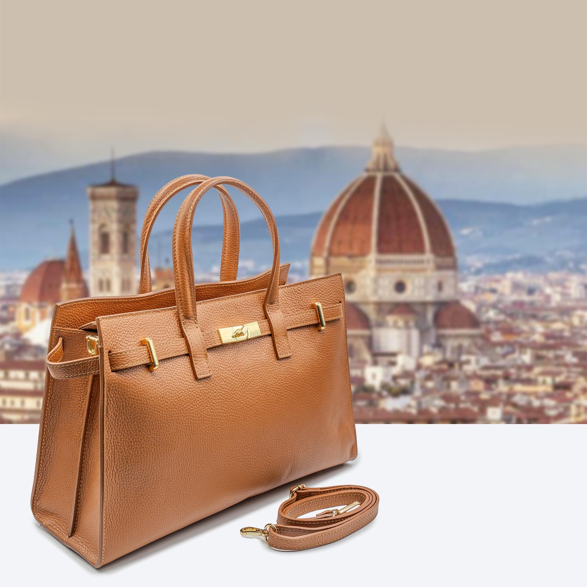 Italian Handmade Leather Tote Bag | Brown Pebbled Leather Handbag for Women | Elegant Work Bag Made in Florence Italy | Top Handle Purse
