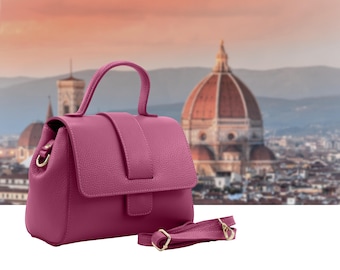 Italian Handmade Leather Bag for Women | Elegant Pink Tote From Florence, Made in Italy | Pebbled Leather Top Handle Purse