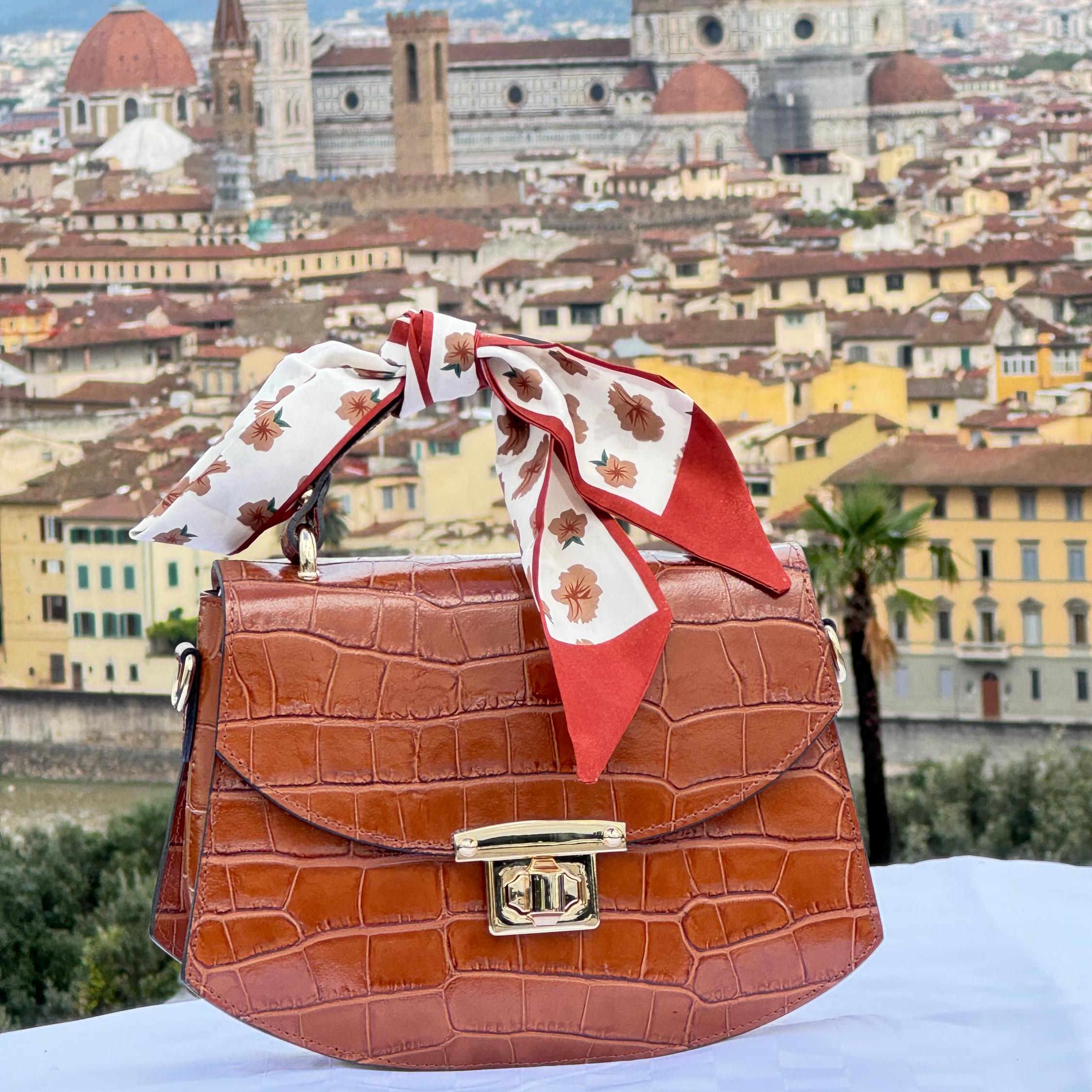 Elegant Brown Croc-embossed Italian Leather Shoulder Bag With Gold