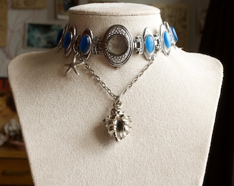 Vintage Blue Watch Choker, With Shell Pendant, Mermaid style