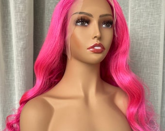 Hot Pink Color Body Wave Lace Front Wig Human Hair