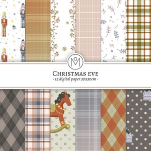 Christmas digital paper, Vector wallpaper, Illustration Xmas Nutcracker and ornaments, Textile pattern