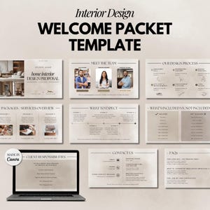 Puede incluir: Una plantilla digital de paquete de bienvenida de diseño de interiores que se muestra en una computadora portátil. La plantilla incluye secciones para propuestas de diseño, presentaciones de equipos, procesos de diseño y preguntas frecuentes. El texto "Interior Design Welcome Packet Template" está en la parte superior.