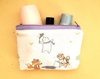 Linen bear fox and otter pouch, Animal zipper pouch, Small purse with lining, Forest animals, Organic linen purse, Handmade linen bag