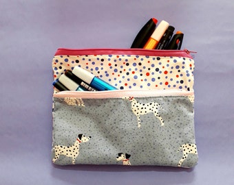 Dalmatian double zipper pouch, Dog zipper purse with pockets, Organic cotton zipper bag, Handmade make up purse, Gifts for dog owners