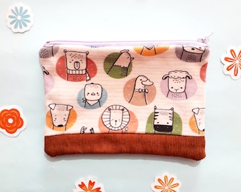 Soft cotton animal purse, Camisole fabric, Corduroy bottom, Zipper pouch, Eco makeup purse, Handmade gift for pet person, Pencil case