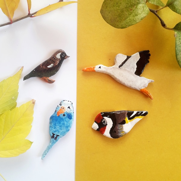 Wildlife bird brooches, Goldfinch brooch, Blue budgie pin, Stork brooch, Bird clay pins, Animal ceramic brooch, Wearable art