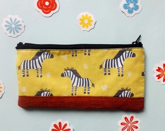 Cotton and corduroy zebra pouch, Cute animal corduroy purse, Yellow pattern, Eco quirky handbag, Handmade pencil case, Organic cotton purse