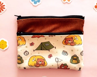 Corduroy and camisole bear purse, Double pocket with zippers, Camisole bottom, Cotton lining, Handmade zipper pouch, Animal pencil case