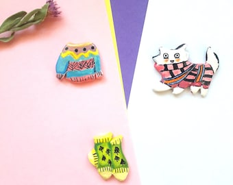 Quirky winter brooches, Handmade Clay pins, Funny cat brooch, Sweater and sock, Acrylic painted brooch, Funky accessories, Sweater pin