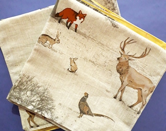 Guardanapos de linho com estampa de animais, conjunto de 4, toalhas de tecido, animais da floresta, guardanapos reutilizáveis, guardanapos de raposa, decoração de mesa com animais da floresta