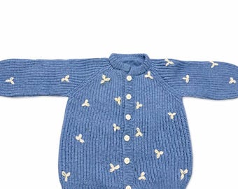 Stitch-by-Stitch Handmade Blue Knit Cardigan, Cream Leaf Balloon Sleeve Sweater + 2 Free Gifts