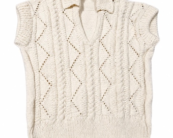 Stitch-by-Stitch Handmade Cream Cable Knit Sweater Vest, Collared V-Neck Sleeveless Pullover, Adult Small/Medium + 2 Free Gifts