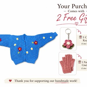 Stitch-by-Stitch Handmade Blue Knit Cardigan, Crochet Flower Appliqués, Cropped V-Neck Sweater + 2 Free Gifts image 2