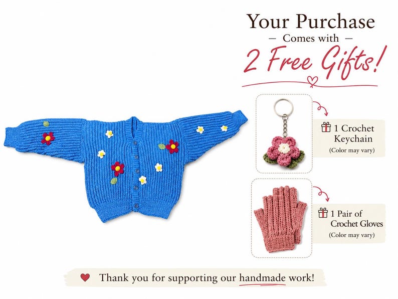 Stitch-by-Stitch Handmade Blue Knit Cardigan, Crochet Flower Appliqués, Cropped V-Neck Sweater + 2 Free Gifts image 2