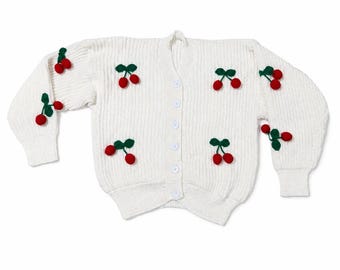 Stitch-by-Stitch Handmade Ivory Knit Cardigan, 3D Crochet Cherries, V-Neck Button-Up Sweater + 2 Free Gifts