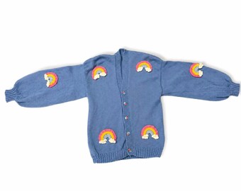 Stitch-by-Stitch Handmade Dusty Blue Knit Cardigan, Rainbow Appliqués, Balloon Sleeve, Small + 2 Free Gifts