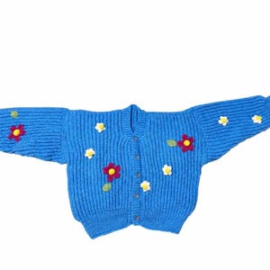 Stitch-by-Stitch Handmade Blue Knit Cardigan, Crochet Flower Appliqués, Cropped V-Neck Sweater + 2 Free Gifts image 1