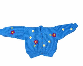 Stitch-by-Stitch Handmade Blue Knit Cardigan, Crochet Flower Appliqués, Cropped V-Neck Sweater + 2 Free Gifts