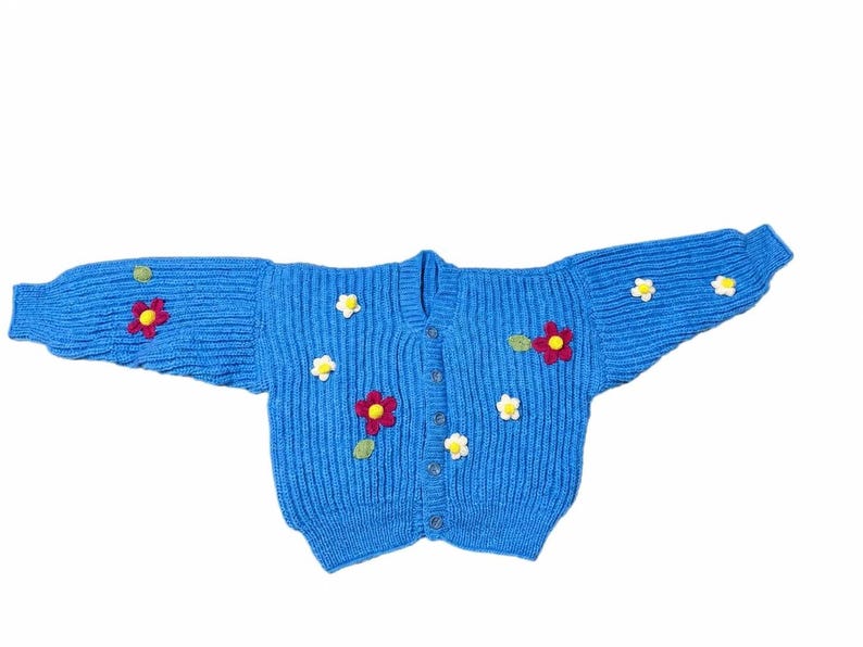 Stitch-by-Stitch Handmade Blue Knit Cardigan, Crochet Flower Appliqués, Cropped V-Neck Sweater + 2 Free Gifts image 1