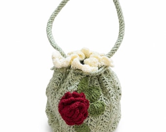 Stitch-by-Stitch Handmade Crochet Drawstring Bag, Floral Mini Bucket Purse + 2 Free Gifts