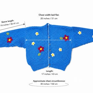 Stitch-by-Stitch Handmade Blue Knit Cardigan, Crochet Flower Appliqués, Cropped V-Neck Sweater + 2 Free Gifts image 6