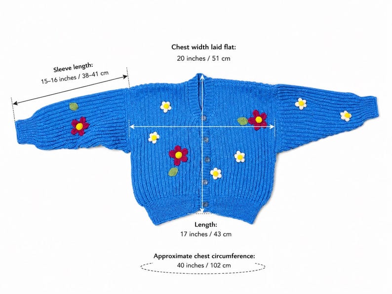 Stitch-by-Stitch Handmade Blue Knit Cardigan, Crochet Flower Appliqués, Cropped V-Neck Sweater + 2 Free Gifts image 6