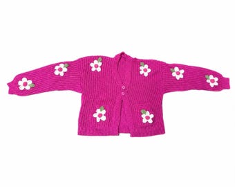 Stitch-by-Stitch Handmade Pink Floral Cardigan, Chunky Knit Button-Up Sweater, Adult Medium + 2 Free Gifts