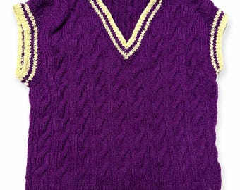 Stitch-by-Stitch Handmade Purple Cable Knit Sweater Vest, Yellow Trim V-Neck Petite XS + 2 Free Gifts
