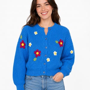 Stitch-by-Stitch Handmade Blue Knit Cardigan, Crochet Flower Appliqués, Cropped V-Neck Sweater + 2 Free Gifts image 4