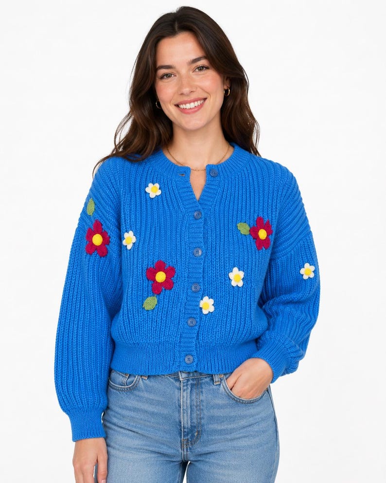 Stitch-by-Stitch Handmade Blue Knit Cardigan, Crochet Flower Appliqués, Cropped V-Neck Sweater + 2 Free Gifts image 4